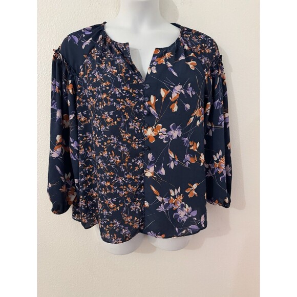 Zac & Rachel Woman Blouse Long Sleeve Button Tunic Size L Blue Mini Floral Boho - Picture 1 of 7